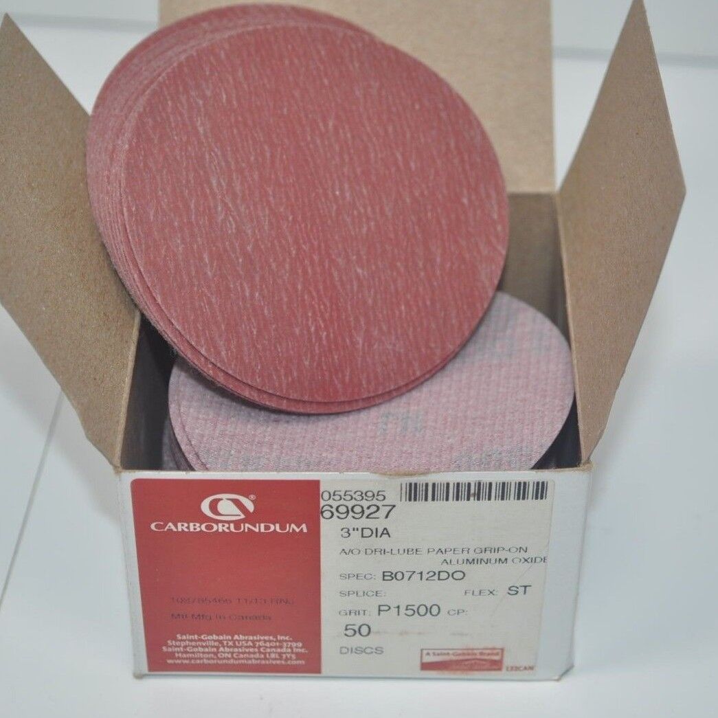 Box of 50 Carborundum Dri-Lube Grip-on Disc 3" Aluminum Oxide P1500 Part# 69927