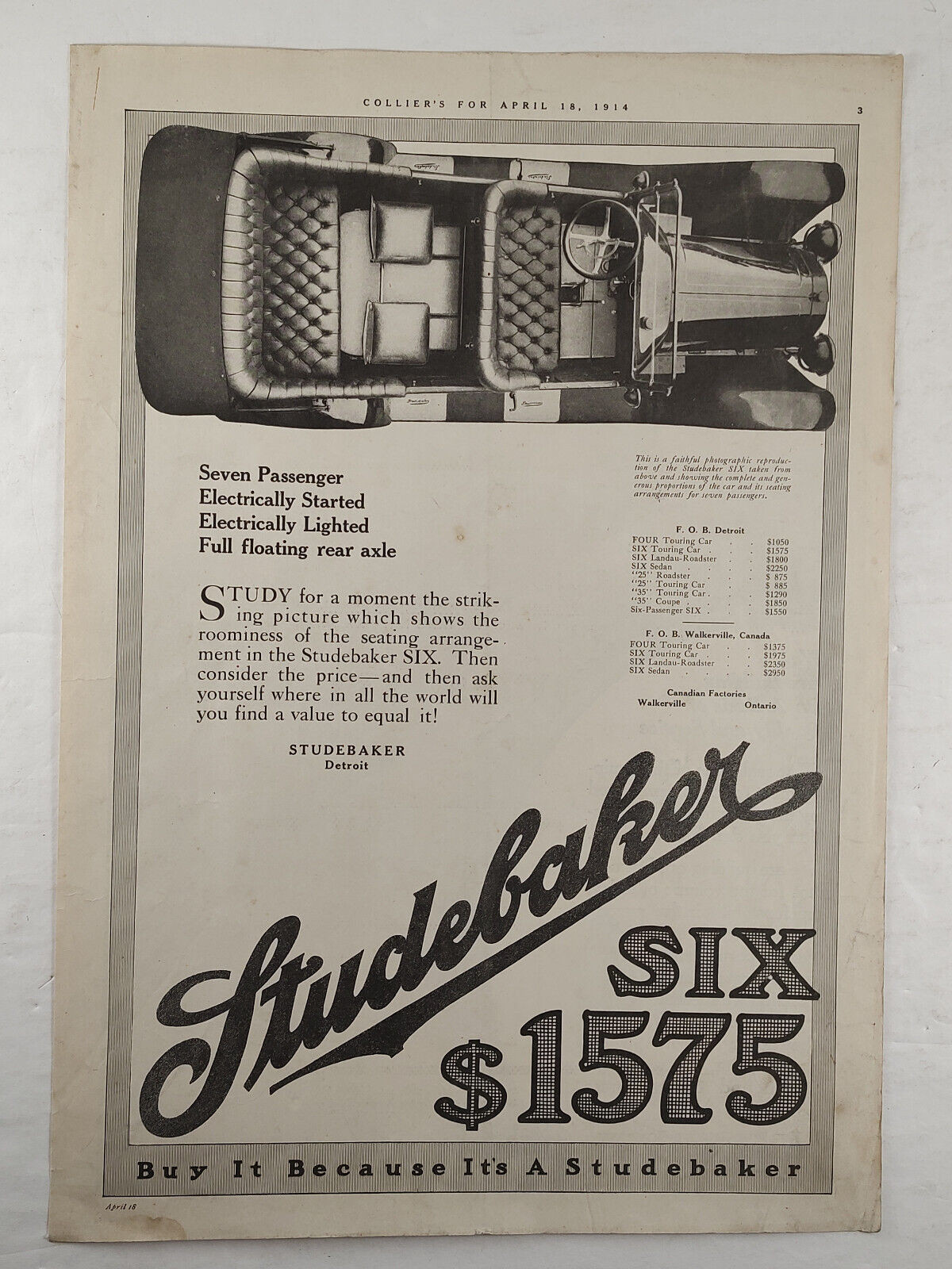 1914 Studebaker Print Ad ~ Studebaker Six ~ Great Top-Down Photo! ~ Detroit
