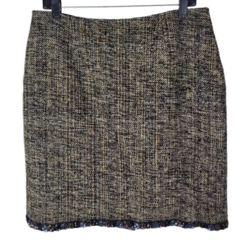 Josephine Chaus Pencil Skirt Sz 6 Beige Black Hand Woven Silk Beaded Hem Lined