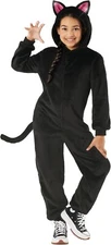 Girls Black Cat Costume Kids Hooded Halloween Jumpsuit + Tail & Ears S - XL