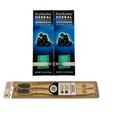 2 Charcoal Toothpaste Brush Buddies Herbal 3.5 oz BONUS Bamboo Toothbrush New