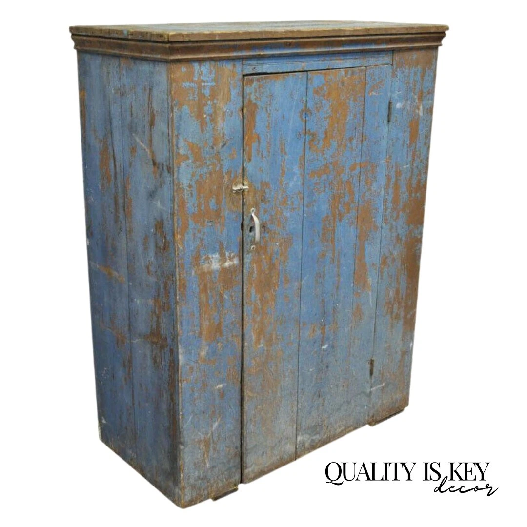 Antique Blue Distress Painted PA Rustic Primitive Jelly Cupboard Pantry Cabinet