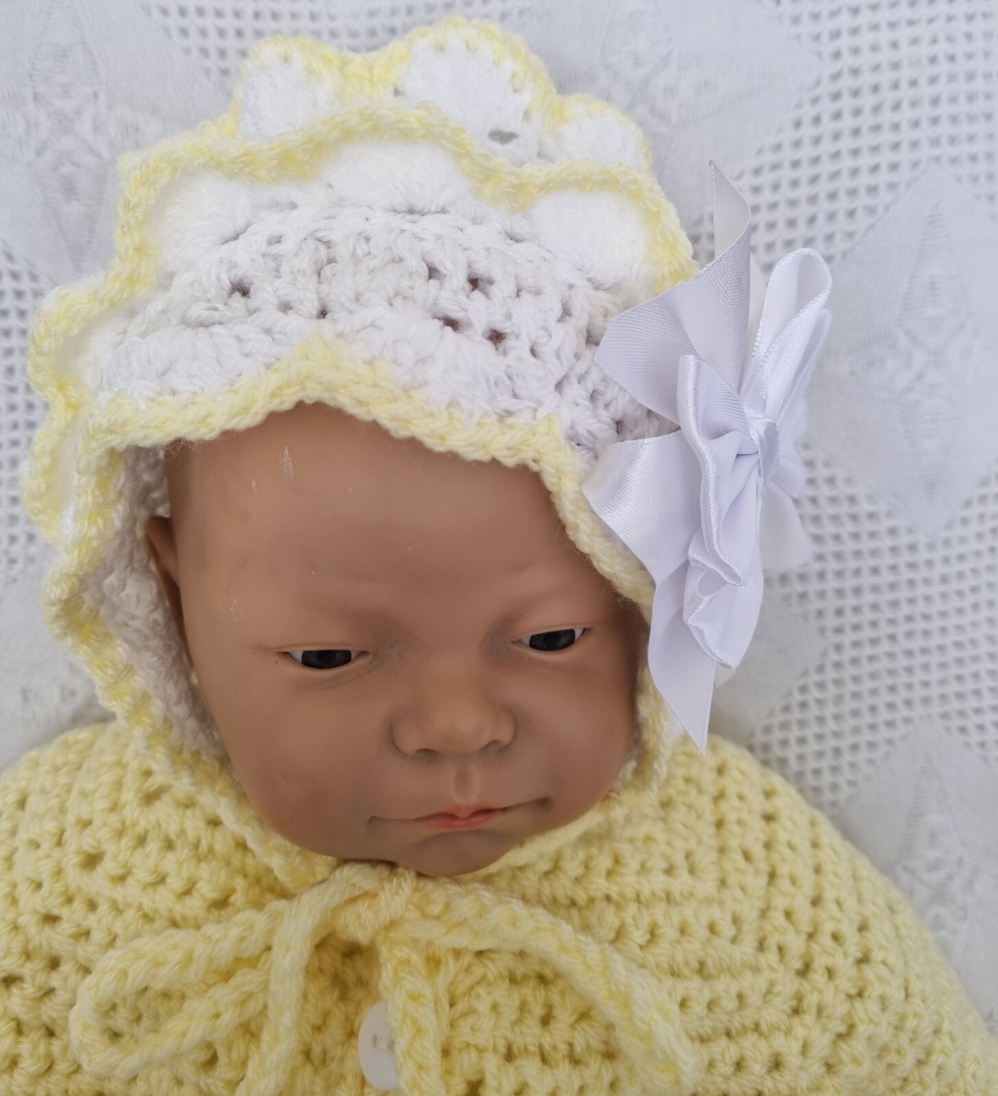 Romany baby hand crochet Cardigan & Booties White/Lemon Lace
