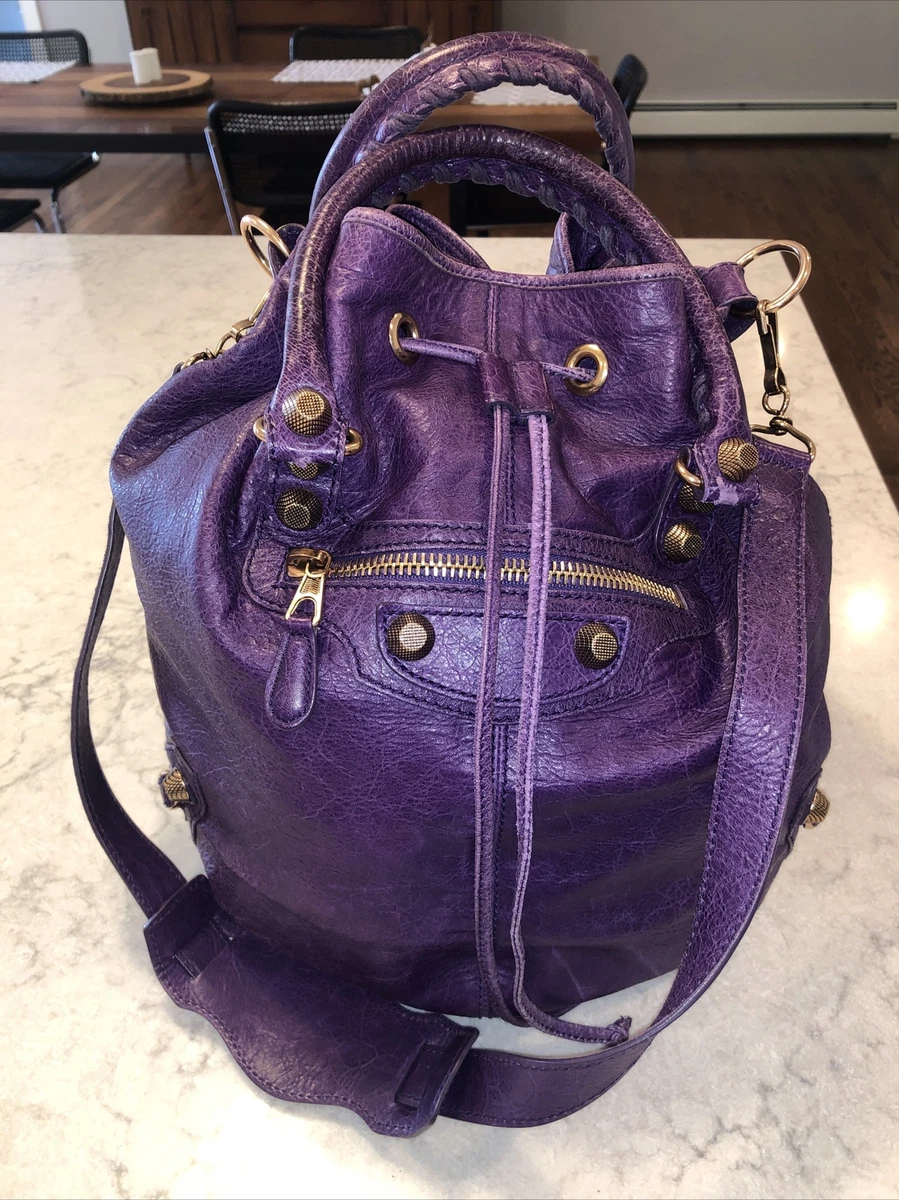 Balenciaga Brogues Pompom Eggplant Purple Leather Body Bucket Bag |