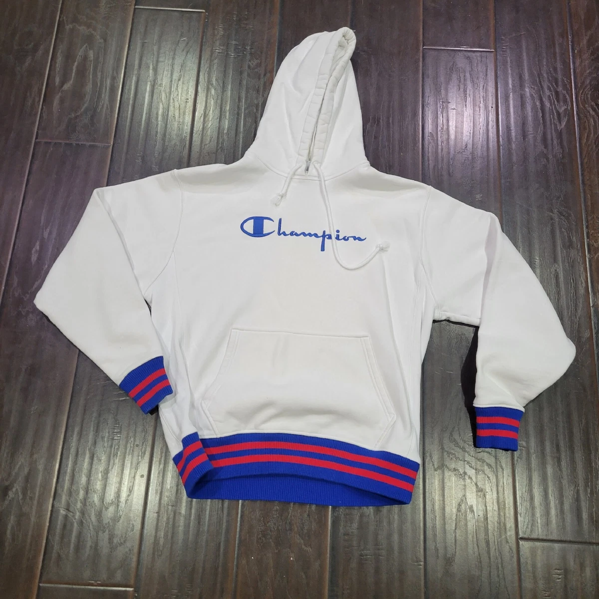 Champion Reverse Weave Spellout Hoodie White Red Blue Men s Large
