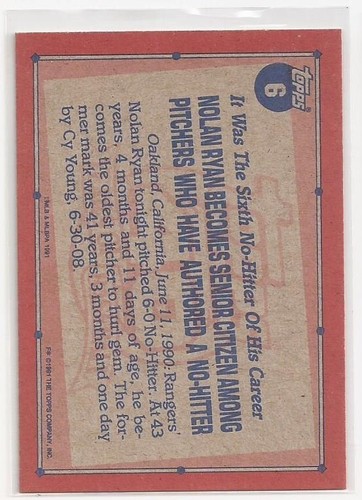 1991 Topps Nolan Ryan Texas Rangers #6 - Picture 2 of 2