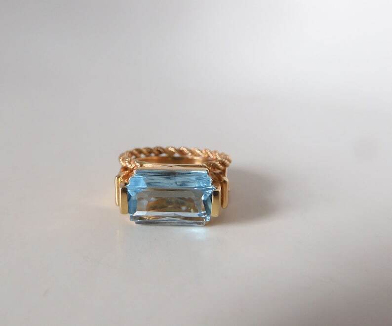 3.82 Carat Natural Blue Topaz Unisex Gold Plated Silver Ring
