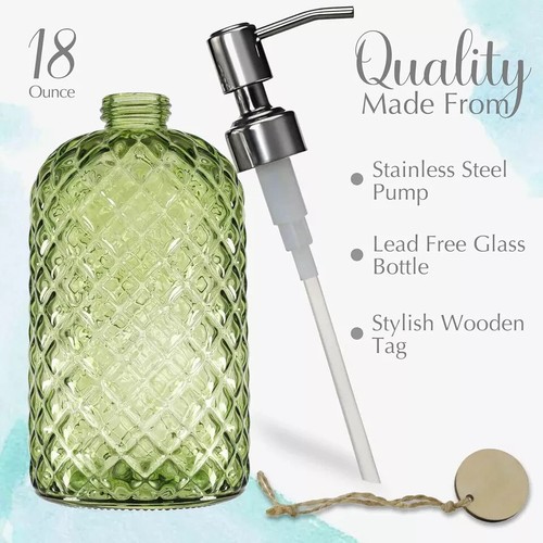 18Oz Tea Green Soap Dispenser with Rust Proof Pump, Refillable Glass Soap Dis... - Picture 2 of 2