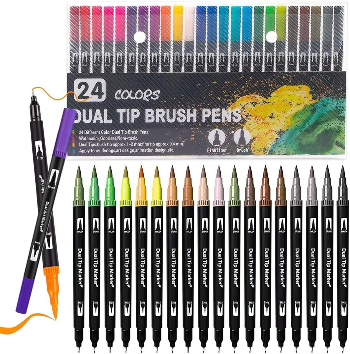 Surcotto Colouring pens, Dual Tip Brush Pens, 24 Colorful Washable