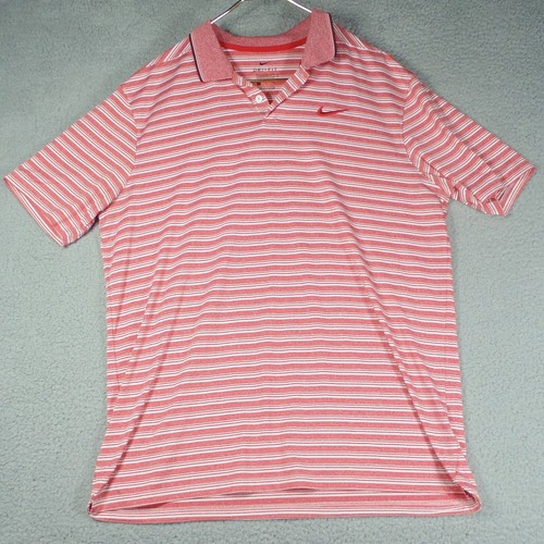 Nike Polo Mens Size Large Red White Stripe Dri-Fit Short Sleeve Golf Polo