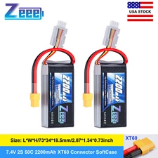2xZeee Shorty 2S Lipo Battery 2200mAh 7.4V 50C XT60 for 1/16 RC Helicopter Drone