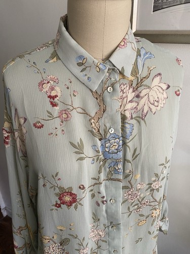 GP & J Baker x H & M Blouse Floral Birds Size US 8 EUR 40 Button Up Semi-Sheer - Picture 2 of 7