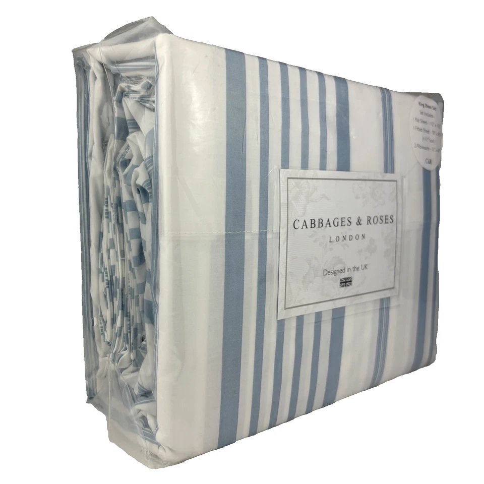 Cabbages & Roses KING Jolly Strip Sheet Set Luxury Cotton Percale Blue White - Image 4 of 4