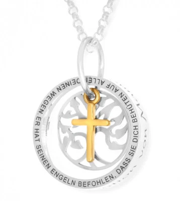 GALWANI Ring Anhänger mit Gravur Silberkette mit Ring Lebensbaum Kreuz vergoldet Taufe