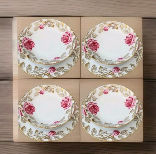Kings Court China Pink Rose 4 Desert Schalen mit Teller Set Pompadour Japan 4025