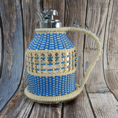 Vintage Plastic Wicker Wrapped 4 Cup Thermos