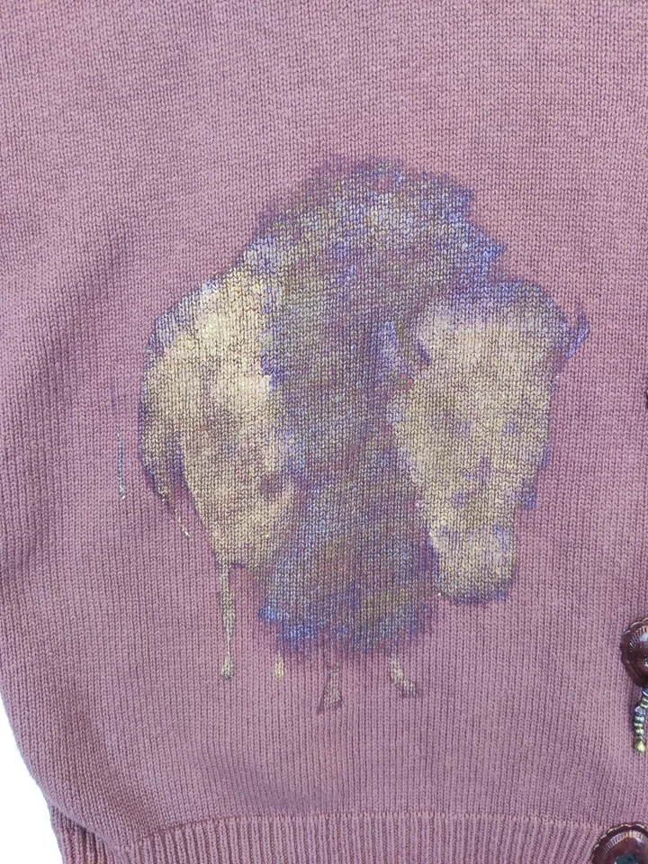 Cárdigan Suéter Búfalo Pintado Mujer L Borgoña Tejido Manga Larga Boho Nativo Foto 4 de 4