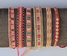 6 Pack Seed Bead Adjustable Bracelet - Pink & Gold Beaded Bracelet