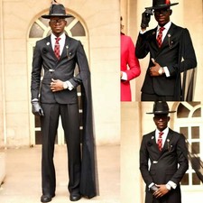 Black Men's Suits with Long Cape Dinner Party Wear 2Pcs Evening Prom Jacket Coat
