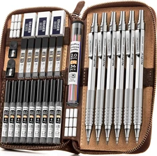 30PCS Silver Metal Mechanical Pencils Set in Leather Case, Art Drafting Pencil 0