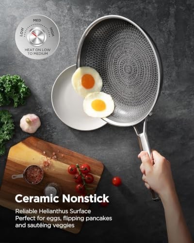 Roomena Frying Pan Set W/2 Lid Tri-Ply Hybrid Nonstick Skillet Set, 8",10" & 12" - Picture 6 of 7