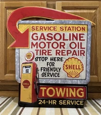 Shell Gasoline Motor Oil Metal Sign Tire Towing Gas Vintage Style Wall Decor