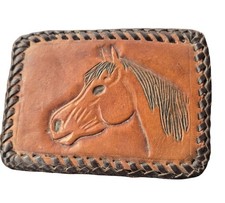 Leather Tooled Horse Head Belt Buckle Vintage Collectible