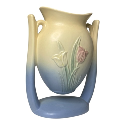 Hull Tulip Suspended Vase Yellow Blue 103 33 6 Double Handle 7” Vintage Pottery - Picture 10 of 24