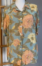 Vtg Carole Little Floral Blouse Sz 1X Sage Beige MOP Buttons Silky Soft USA Made