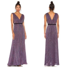 BCBGMaxAzria Metallic Pleated Striped V Neck Gown Multicolored Maxi Dress Small