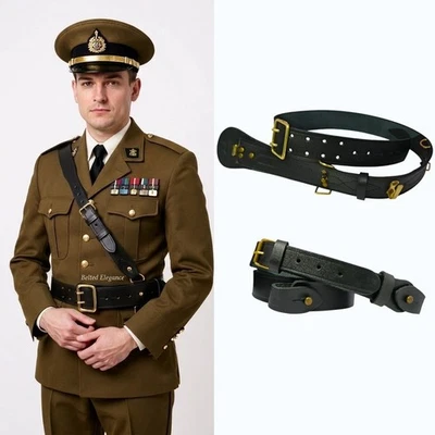Sam Browne Belt Black Genuine Leather British Military Golden Brass Buckle Army - Image 1 of 4