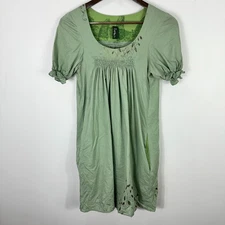 Fontes Mini Dress Small Green Hand Dyed Boho Cottage Earthy Fairy Cotton Pockets