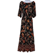 Boston Proper Black Floral Print Long Sleeve Maxi Dress Boho Festival Size Small
