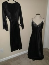 Ladies Halston Black Satin Lace Nightgown & Robe Peignoir Set Size L XL