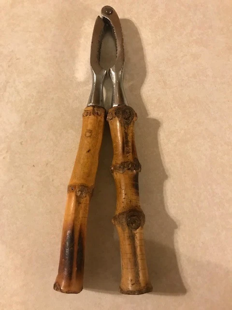 Vtg 1950s Carl Aubock Stainless Steel Bamboo Wood Handheld Nutcracker Barware - Image 3 of 4