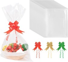 30 Pcs Cellophane Wrap for Hampers, 60 x 40cm Clear Gift Bags with Pull Bows 