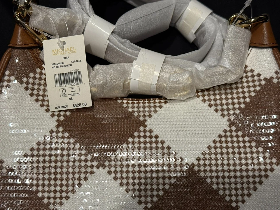 Michael Kors 棕色/白色方格帆布和皮革单肩包 全新带标签 — 第 3/4 张图片