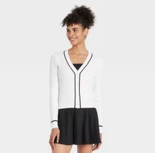 🥥 All In Motion Women's Tipped Ribbed Cardigan Sweater White Size S🆕AS IS👇