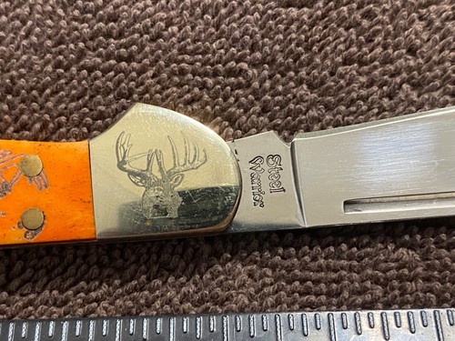 Steel Warrior Pocket Knife Orange Bone Single Blade Lockback - deer themed - Picture 4 of 6
