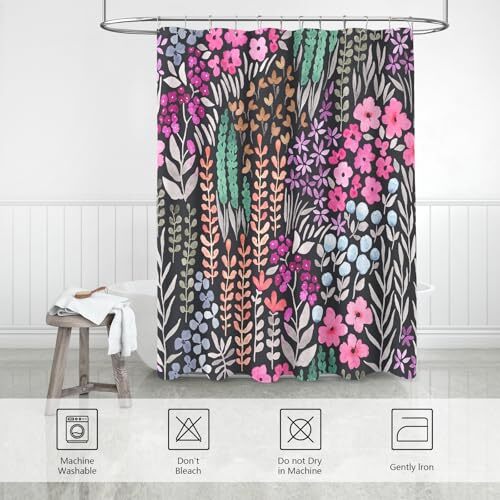 Black Floral Shower Curtain, Hot Pink Boho Flower 72" W x 72" L Pink - Black - Bild 7 von 7