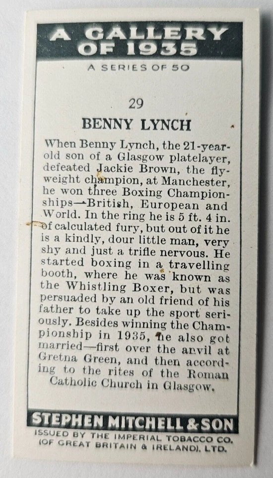 1936 Mitchell & Son Gallery of 1935 #29 Benny Lynch HOF Boxer (C) - Image 2 of 2