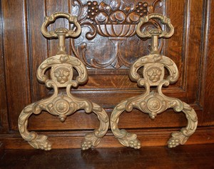 Antique Pair French Fireplace Lion Heads Fire Dogs Andirons Bronze