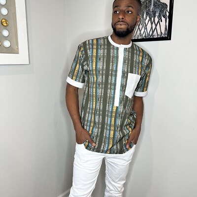 Forest Green African Nigerian Senator Style Men Top W/ White Embroidery Detail