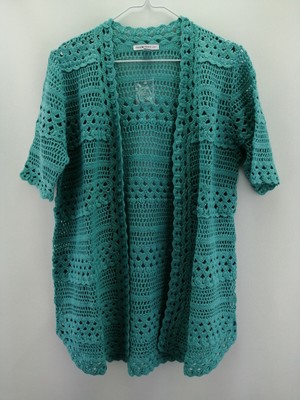 Isaac Mizrahi Hand Crochet Open Front Cardigan Turquoise S A306443 | eBay