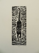 Black cat Long Tail hand pulled linocut cat print signed limited edition art A4