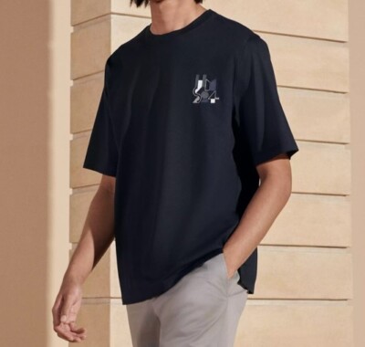 Hermès Hermes Herren T-Shirt Marine Blau M Mini-Lederpatch