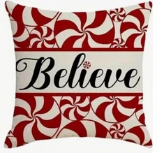 Peppermint Candy BELIEVE Christmas Linen Throw Pillow Cover Winter Holiday Decor
