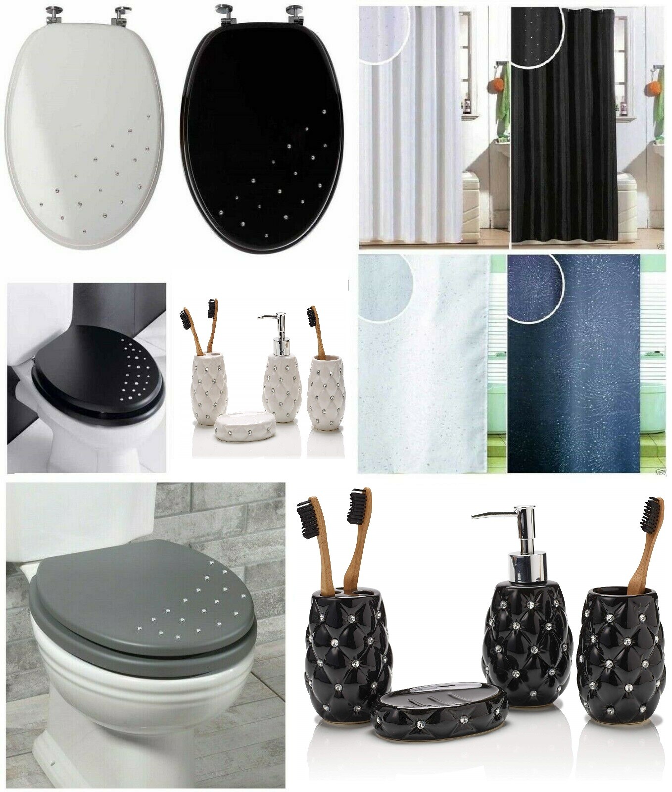 LUXURY DIAMANTE WOODEN MDF WC TOILET SEAT OR SHOWER CURTAIN WITH HOOKS