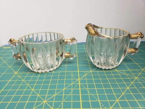 Vintage Jeanette National Scallop Gold Rim Hobnail Glass Sugar Bowl and Creamer