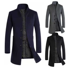 Mens Jacket Warm Woolen Trench Coat Single Breasted Overcoat Long Outwear Winter